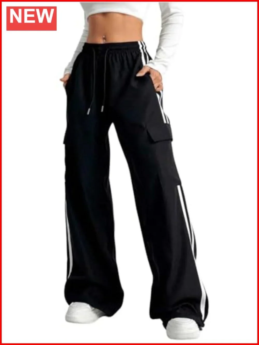 Baggy Straight Wide Leg Cargo Pants with Pockets Striped Joggers Athletic